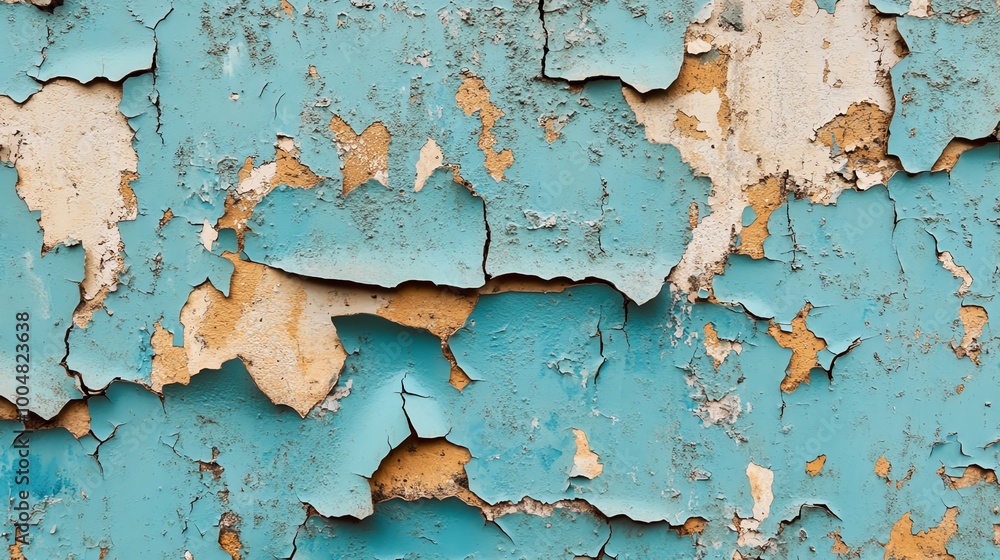 Close-up of peeling, blue paint revealing the aged, yellow surface underneath. Close-up of peeling, blue paint revealing the aged, yellow surface underneath.