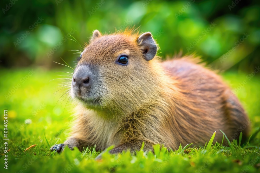 Adorable Newborn Capybara Resting on the Grass with Soft Fur and Bright Eyes in Natural Habitat Adorable Newborn Capybara Resting on the Grass with Soft Fur and Bright Eyes in Natural Habitat