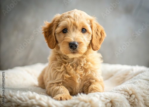 Adorable miniature goldendoodle puppy sitting on a soft blanket with a playful expression in natural light