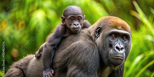 Adorable Western Lowland Gorilla Baby Riding on Mother's Back in Central African Forest Habitat