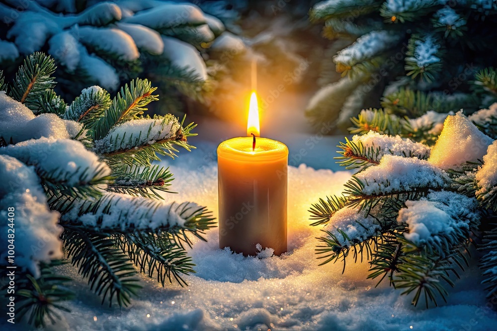 Advent Candle Surrounded by Fir Branches Glowing in a Peaceful Snowy Winter Landscape Scene Advent Candle Surrounded by Fir Branches Glowing in a Peaceful Snowy Winter Landscape Scene