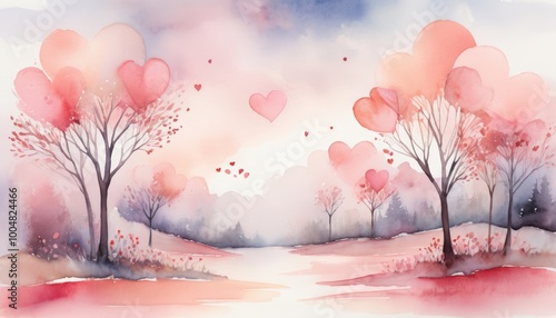 Romantic watercolor landscape with pink trees and heart shapes floating above a serene river 