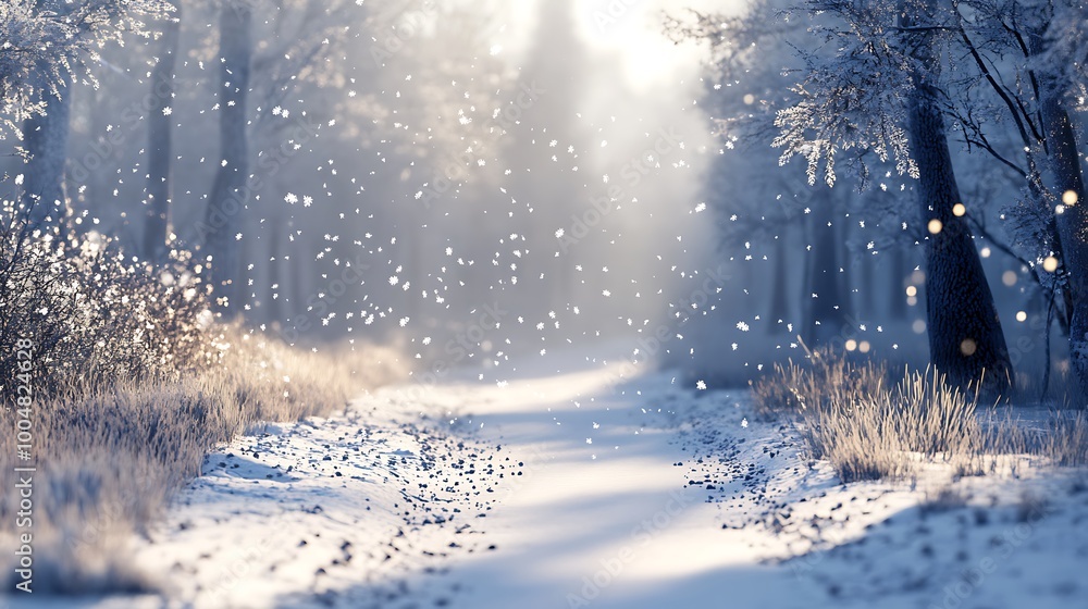 Snow-draped winter tree under soft falling snowflakes photos