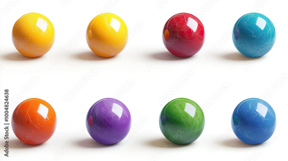 Eight colorful glossy spheres arranged in two rows of four on a white background. Eight colorful glossy spheres arranged in two rows of four on a white background.
