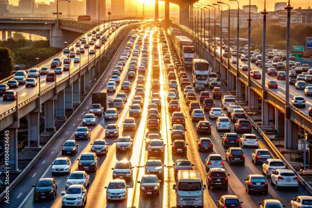 Obraz premium Aerial View of Busy Road Traffic Jam on Bridge, Capturing City Transportation and Vehicle Congestion