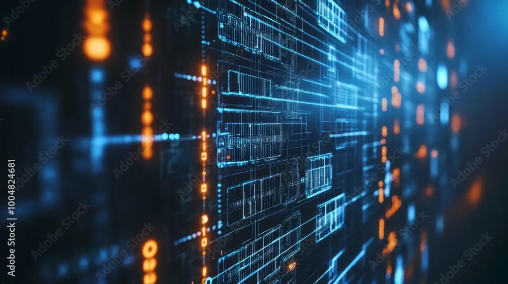 A futuristic and abstract digital matrix with a glowing blue and orange color scheme. The image evokes a sense of technology, innovation, and the interconnectedness of data. A futuristic and abstract digital matrix with a glowing blue and orange color scheme. The image evokes a sense of technology, innovation, and the interconnectedness of data.