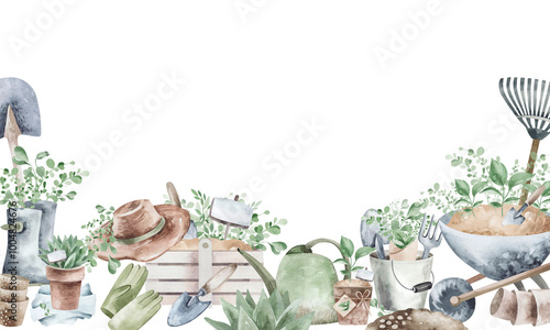 Gardening Banner Watercolor frame instrument. Backdrop of seasonal horticulture with garden tools on isolated background for greeting cards. Border with shovel, flowerpot with text space.