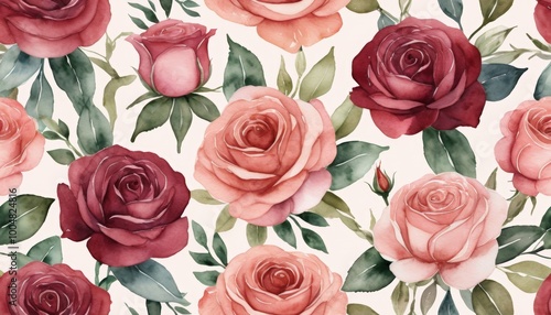 Elegant watercolor floral pattern featuring lush roses in pink and red tones with green leaves
