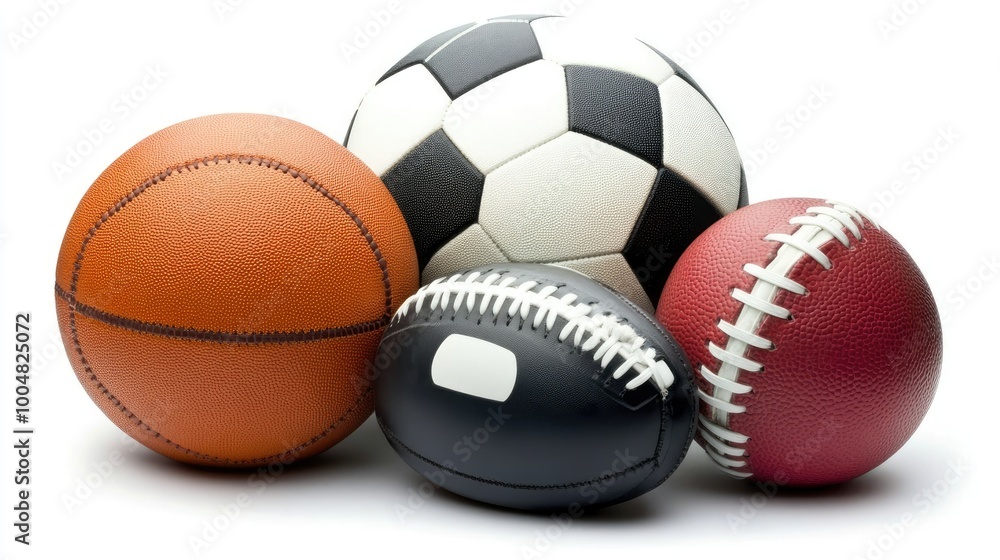 Four different sports balls, soccer, basketball, american football and rugby ball, isolated on white background. Four different sports balls, soccer, basketball, american football and rugby ball, isolated on white background.