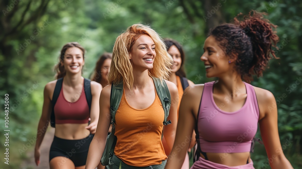 Group of women enjoying a nature hike in the forest, smiling and having fun. Group of women enjoying a nature hike in the forest, smiling and having fun.