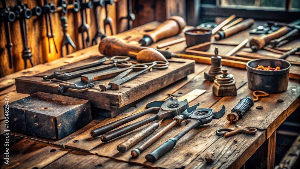 Artisanal Blacksmith Tools Displayed on a Rustic Wooden Table, Perfect for Craftsmanship and Trade Artisanal Blacksmith Tools Displayed on a Rustic Wooden Table, Perfect for Craftsmanship and Trade