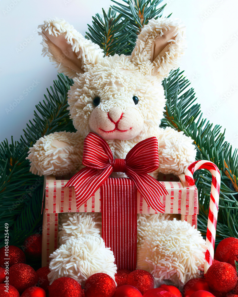 Charming white rabbit plush toy nestled in a red gift box with candy cane near christmas tree Charming white rabbit plush toy nestled in a red gift box with candy cane near christmas tree