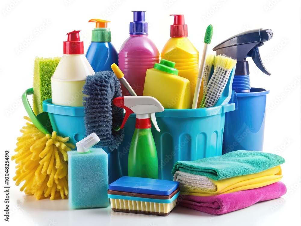 Assorted Cleaning Items and Supplies Isolated on White Background for Home and Office Cleaning Needs Assorted Cleaning Items and Supplies Isolated on White Background for Home and Office Cleaning Needs