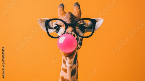 Giraffe with glasses blowing a pink bubblegum on orange background