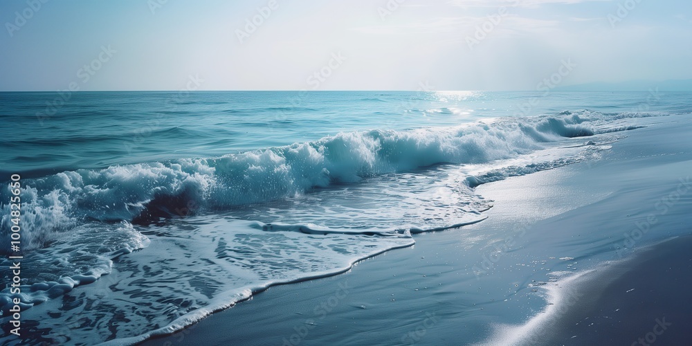 Obraz premium Blue ocean wave crashing gently on the sandy beach under the bright sunlight on a serene summer day