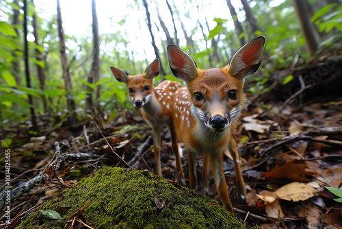 A woodland habitat with deer and foxes, where a dense forest floor is covered with moss, fallen leaves, and underbrush, providing shelter for wildlife