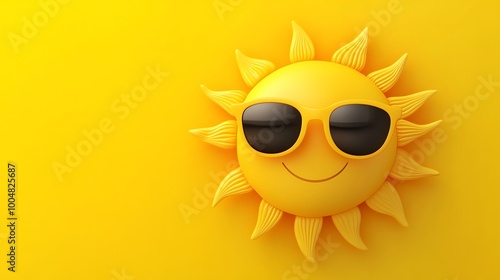 Smiling sun wearing sunglasses on yellow background.