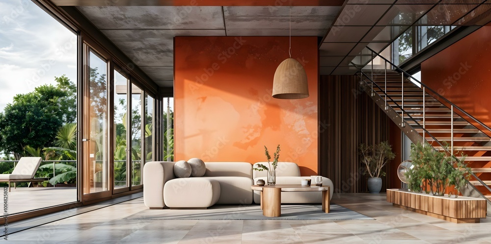 Fototapeta premium Modern living room with a beige sofa and an orange wall..