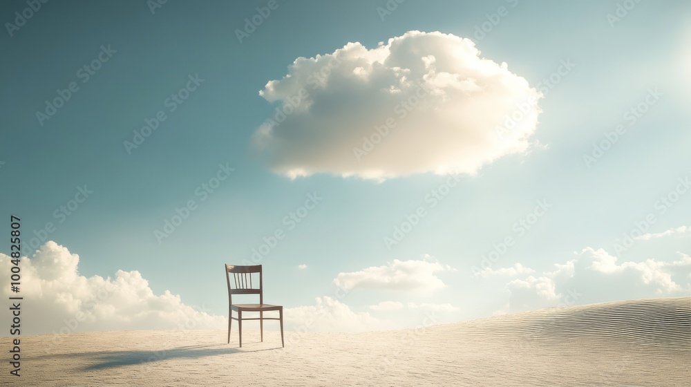Lonely chair in desert under cloud, serene and contemplative scene. Solitude and introspection concept Lonely chair in desert under cloud, serene and contemplative scene. Solitude and introspection concept