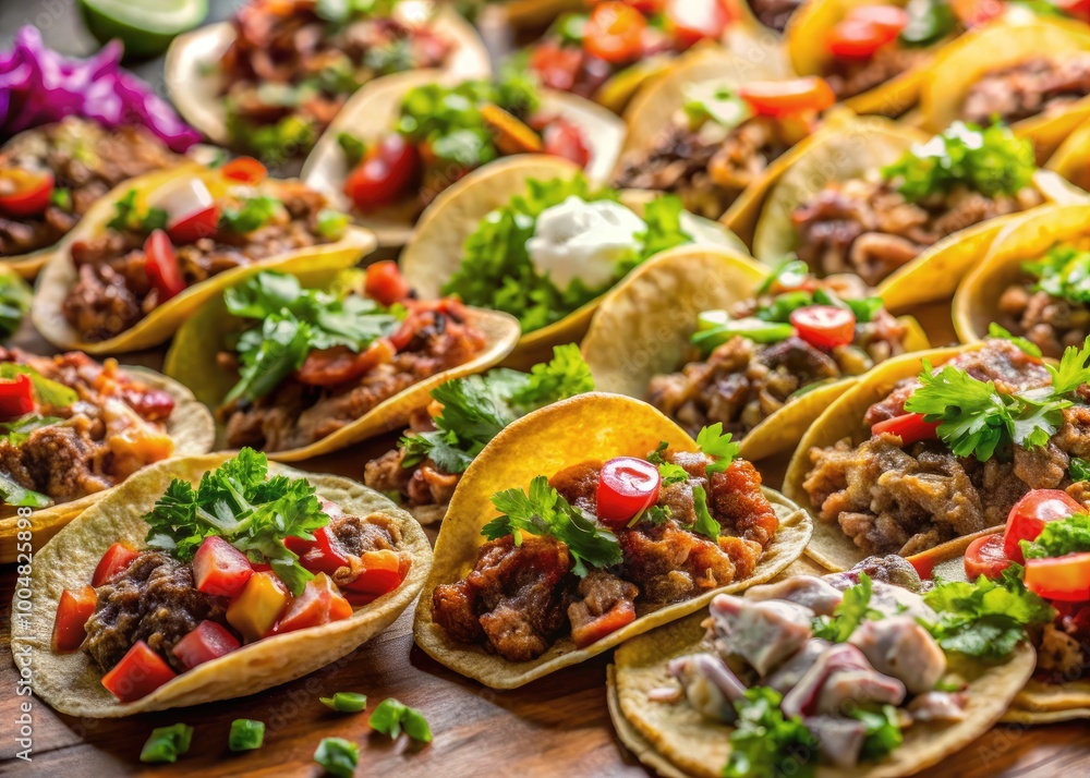 Fototapeta premium A Variety of Taco Meat Types Including Beef, Chicken, Pork, and Vegetarian Options on a Table