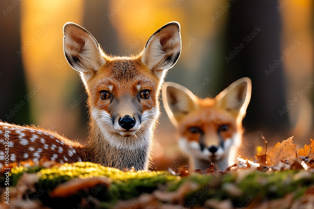 Obraz premium A woodland habitat with deer and foxes, where a dense forest floor is covered with moss, fallen leaves, and underbrush, providing shelter for wildlife