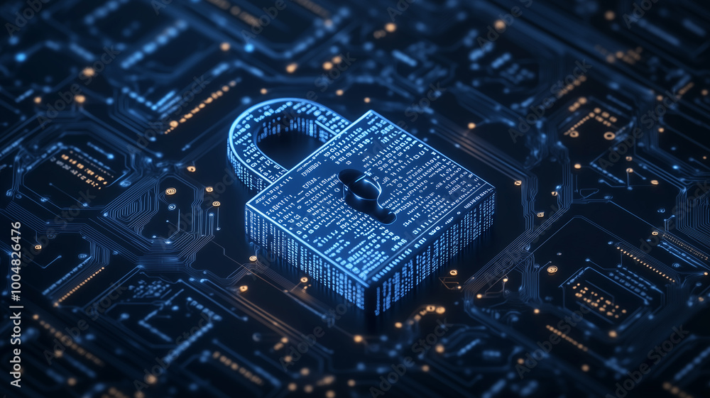 3D Illustration of a Secure Digital Padlock Surrounded by Binary Code and Circuit Patterns, generative ai 3D Illustration of a Secure Digital Padlock Surrounded by Binary Code and Circuit Patterns, generative ai