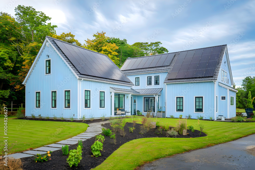 Country light blue house with solar panels and cloudy sky. Country light blue house with solar panels and cloudy sky.