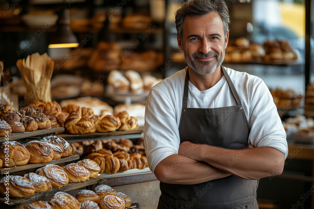 Confident middle-aged male business owner in a bustling bakery showcasing freshly baked pastries and breads during the morning rush Confident middle-aged male business owner in a bustling bakery showcasing freshly baked pastries and breads during the morning rush