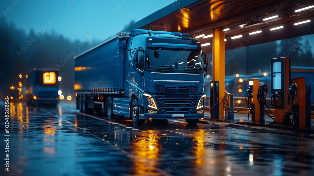 Fototapeta premium Electric truck recharges at a biogas station under a rainy evening sky, showcasing sustainable transport innovation