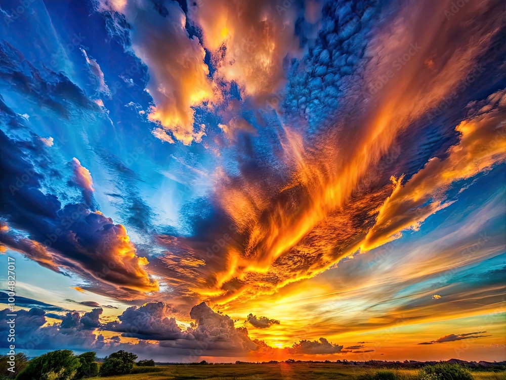 Breathtaking Blue and Orange Sunset Sky with Dramatic Cloud Formation Over Tranquil Landscape Scenery Breathtaking Blue and Orange Sunset Sky with Dramatic Cloud Formation Over Tranquil Landscape Scenery