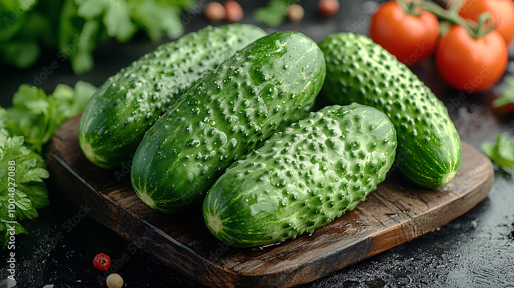 Cookbook illustration, ripe green cucumbers lie on a wooden plate surrounded by other vegetables Cookbook illustration, ripe green cucumbers lie on a wooden plate surrounded by other vegetables