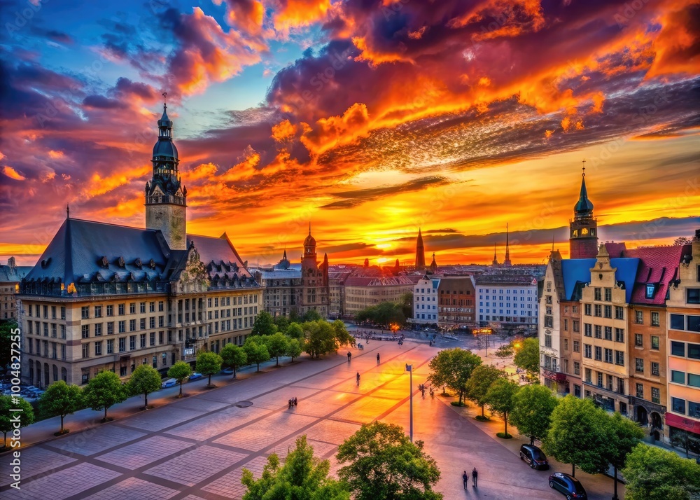 Naklejka premium Breathtaking sunset over Augustusplatz in Leipzig showcasing vibrant colors and architectural beauty