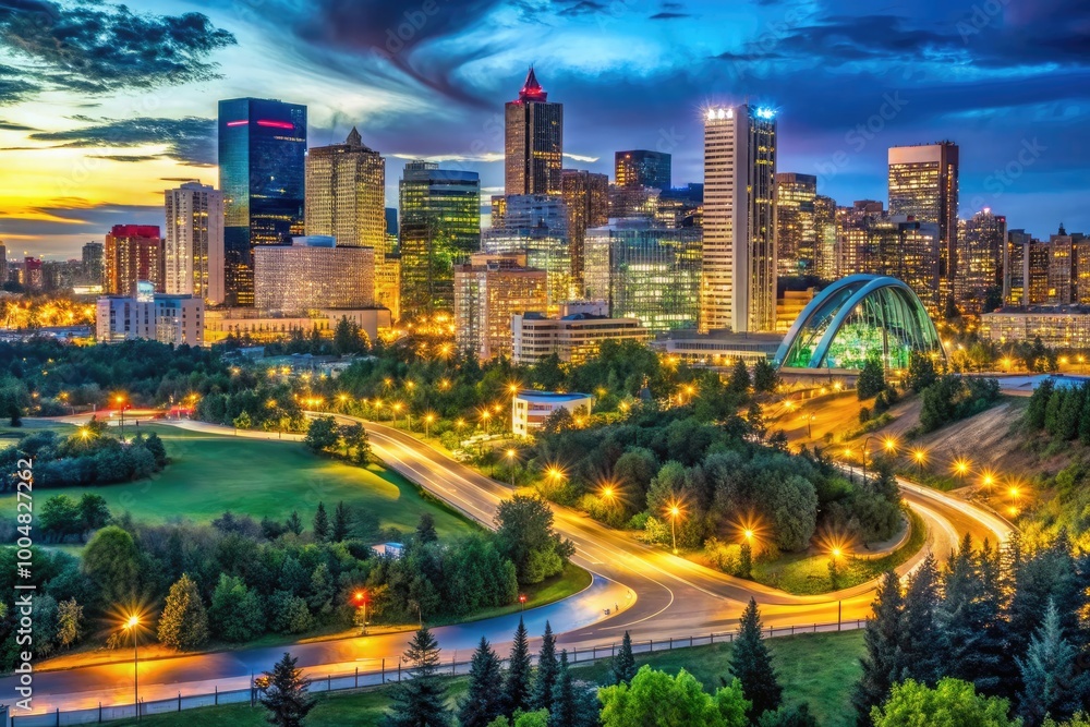 Fototapeta premium Breathtaking Sunset Over Downtown Edmonton from Gallagher Park Showcasing Vibrant City Lights