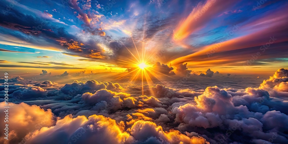 Fototapeta premium Breathtaking Sunset Sky with Colorful Clouds and Radiant Sunrays Illuminating the Evening Atmosphere
