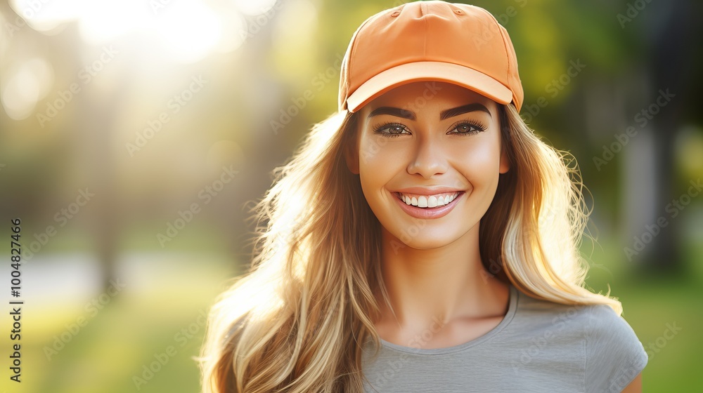 Smiling woman in a sunlit park wearing an orange cap and casual attire during golden hour Smiling woman in a sunlit park wearing an orange cap and casual attire during golden hour