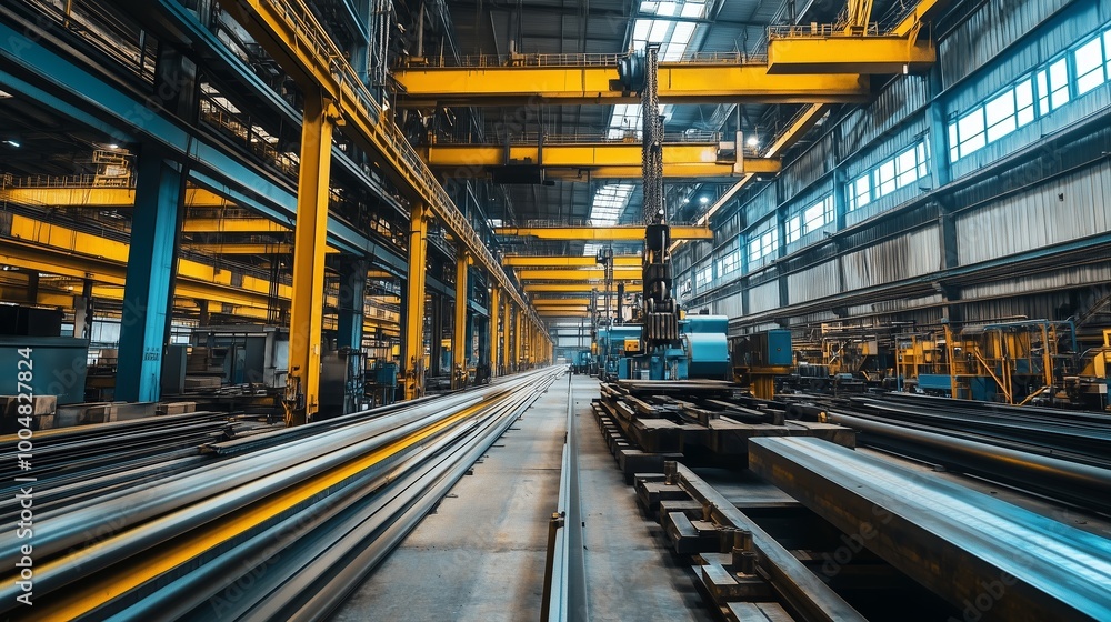 Interior view of a large industrial workshop showcasing cranes and steel materials during the day Interior view of a large industrial workshop showcasing cranes and steel materials during the day