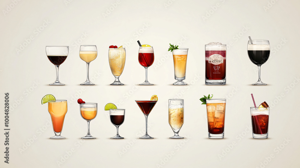 A collection of vector graphics highlighting different kinds of beverages. A collection of vector graphics highlighting different kinds of beverages.
