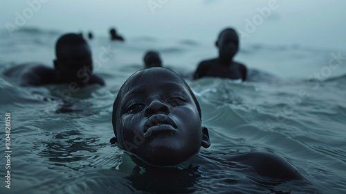 Child's face emerges from turbulent waters, eyes closed in silent endurance. Distant figures hint at collective ordeal, embodying the perilous journey of those seeking refuge across treacherous seas