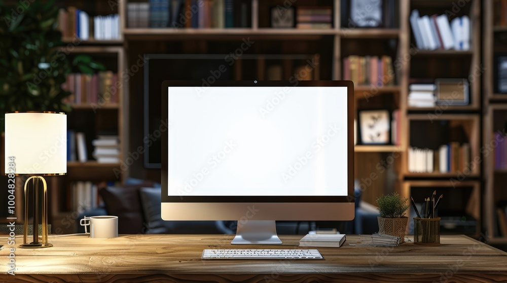 Blank computer screen mockup on a wooden desk in a modern home office interior. Blank computer screen mockup on a wooden desk in a modern home office interior.