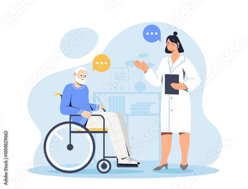 Doctor with pensioner at wheelchair. Woman in medical gown communicates with old man. Patient with disability. Healthcare and medicine. Flat vector illustration isolated on white background
