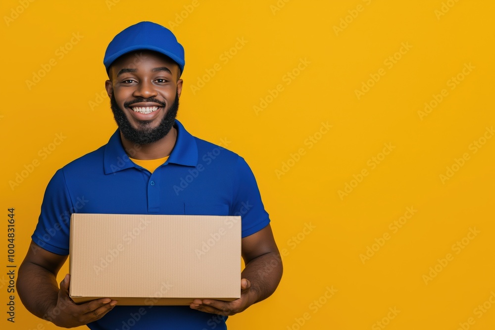 Happy African-American delivery man holding a cardboard box on a yellow background Happy African-American delivery man holding a cardboard box on a yellow background