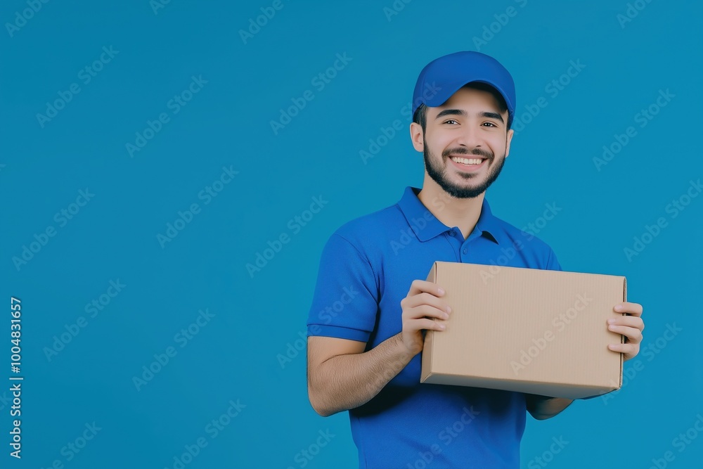 Smiling delivery man holding a cardboard box on a blue background Smiling delivery man holding a cardboard box on a blue background
