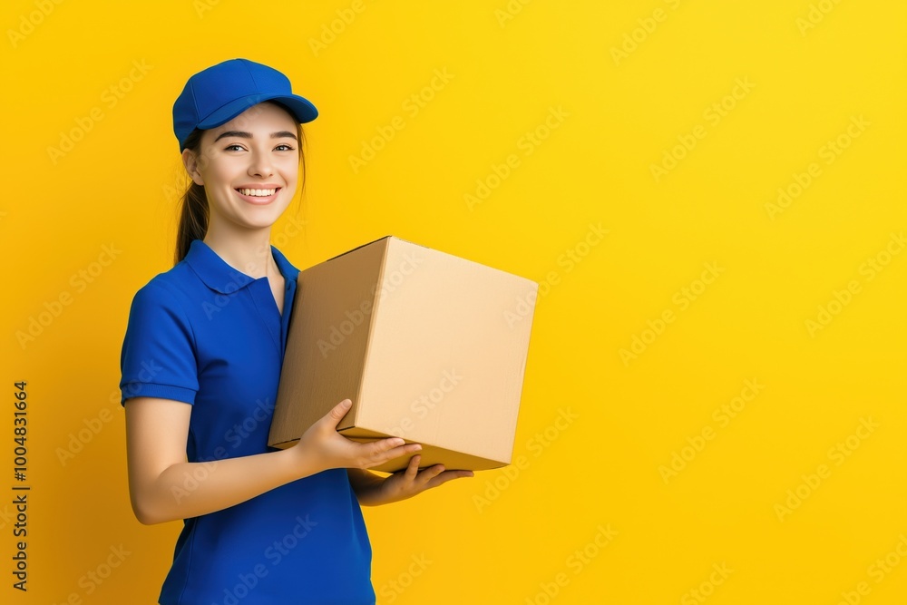 Happy delivery woman holding a cardboard box on yellow background Happy delivery woman holding a cardboard box on yellow background