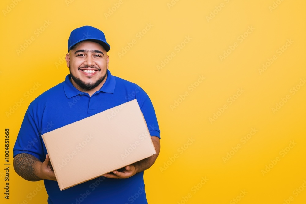 Cheerful Latino delivery man holding a large cardboard box Cheerful Latino delivery man holding a large cardboard box