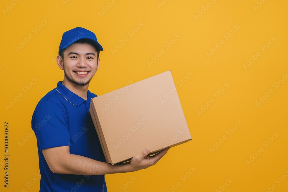 Smiling Asian delivery man holding a large cardboard box on yellow background Smiling Asian delivery man holding a large cardboard box on yellow background
