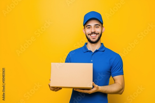 Happy delivery man holding a cardboard box in front of a yellow background photo