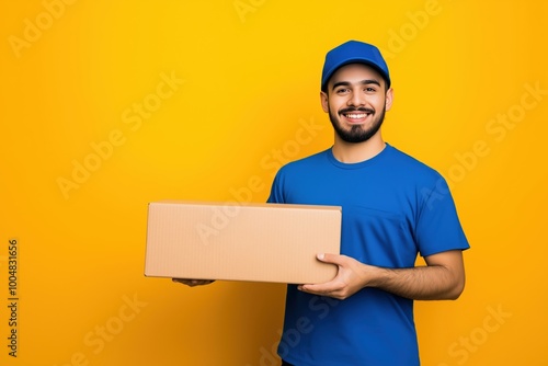 Smiling Latino delivery man holding a cardboard box on a yellow background photo