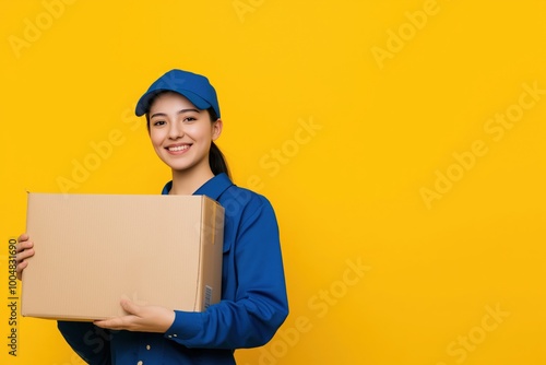 Happy female delivery worker holding a large cardboard box photo