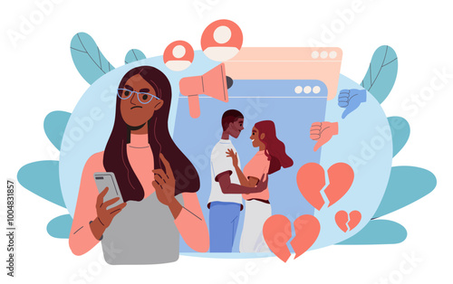 Jealous ex girlfriend. Woman looks angrily at photo of young guy and girl. Depression and frustration. Negative feelings and emotions. Flat vector illustration isolated on white background