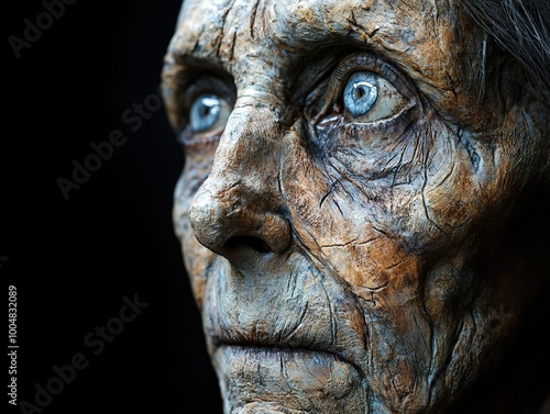 Close-Up Portrait of an Elderly Person with Wrinkled Skin and Blue Eyes